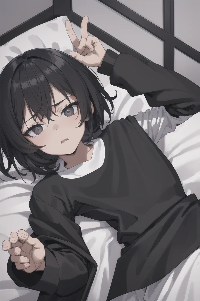 ( raw photo,ultra-detailed:1.2) ((Best Quality)), ((Masterpiece)), (detailed), 1 17 year old boy, He is wearing a black jacket that is over a white shirt that has a graphic design, black pantaloon, black sneaker with white laces. Lying on his bed in his room, with a bored expression looking at the ceiling. black and white anime style