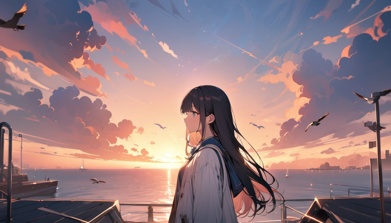 BREAK 1 girl, long hair, black hair, straight hair, short bangs above brows, blue eyes, warm smile,
BREAK (masterpiece), (high resolution 8K), cinematic lighting, professional lighting, detailed eyes and face, detailed body,
BREAK white shirt, blue bowtie, pleated skirt,
BREAK very wide, panorama view, sense of depth, shot from front,
BREAK outdoors, many boats are parked in the harbor, cumulonimbus clouds, piers, seagulls flying in the distance, twilight, from side, (rule of thirds:1.3)