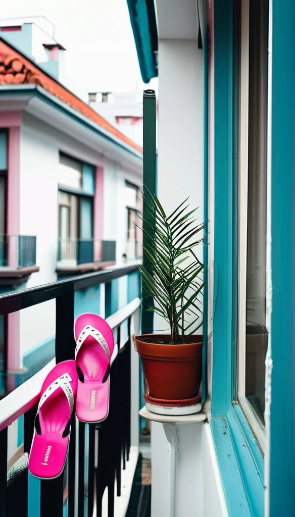  soaking wet white sleeveless t-shirt,line on white underwear, leaning on the railing of a small balcony of a tall building in a dense city.perspective from above and behind, showing drab buildings, a can, a blue slipper and a plant. pink railing,perfection style, perfect detailed hands,polaroid photography ,real life image