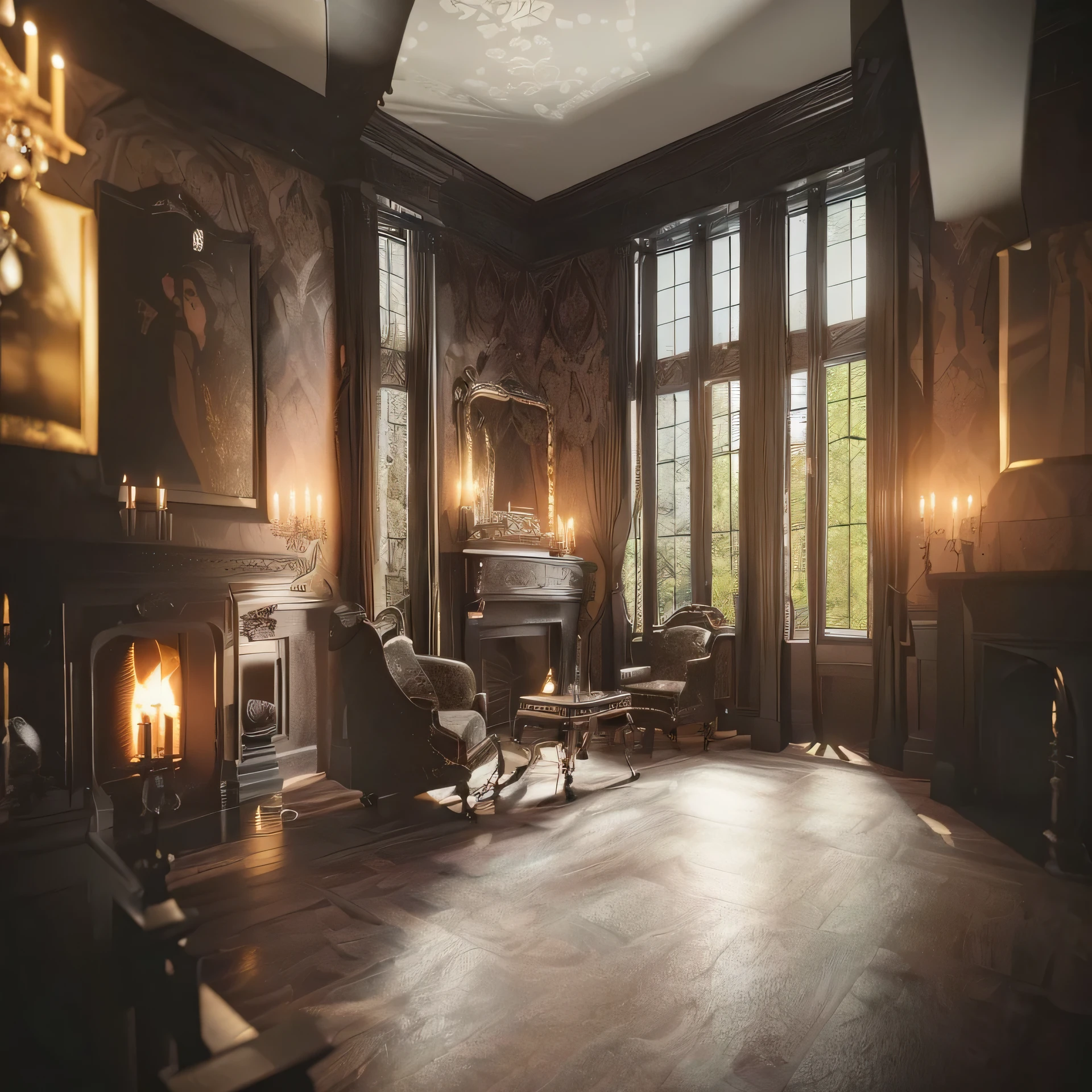 there is a room with a fireplace and a chair in it, gothic mansion room, room of a dark mansion, victorian room, interior of a victorian house, rendered in unreal engine 4k hq, rendered in unreal engine 4 k hq, in a dusty victorian home, rendered in unreal engine 6, dramatic lighting render, gothic interior, highly detailed 3d render