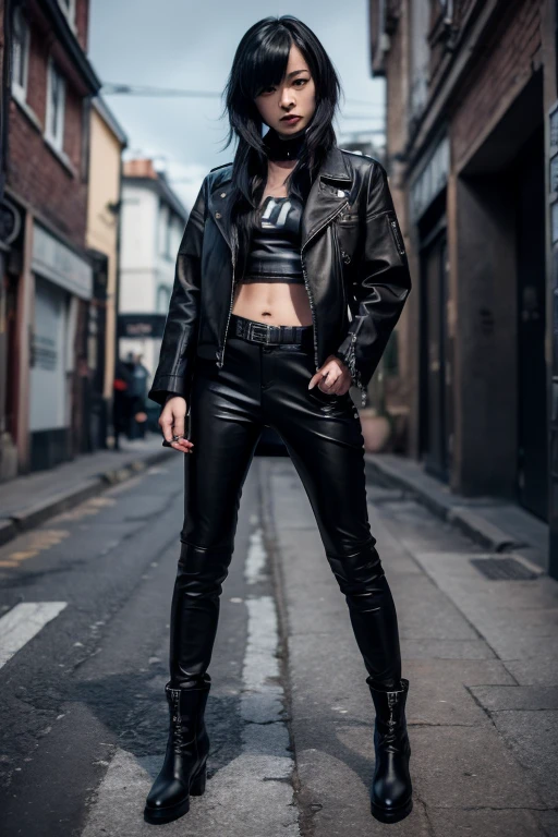 Yaya Myko Genshin, in leather clothes, in a windbreaker, leather jacket, in ankle boots, Goth, rocker in all black stylish rocker art 3D realistic Yaya Miko