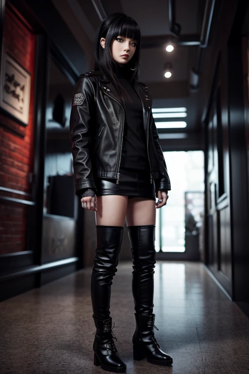 Yaya Myko Genshin,  in leather clothes, in a windbreaker, leather jacket, in ankle boots, Goth, rocker in all black stylish rocker art 3D realistic Yaya Miko 