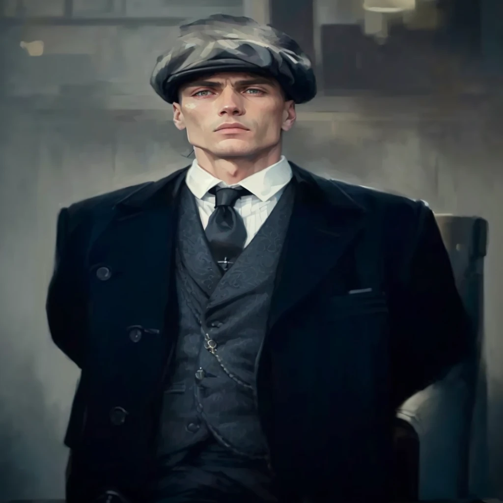 (Artwork, Best Quality), Intricate Details, 8K, Tommy Shelby (peaky blinders), Man, Vague Background, Seriousness, Sitting, Table, Looking