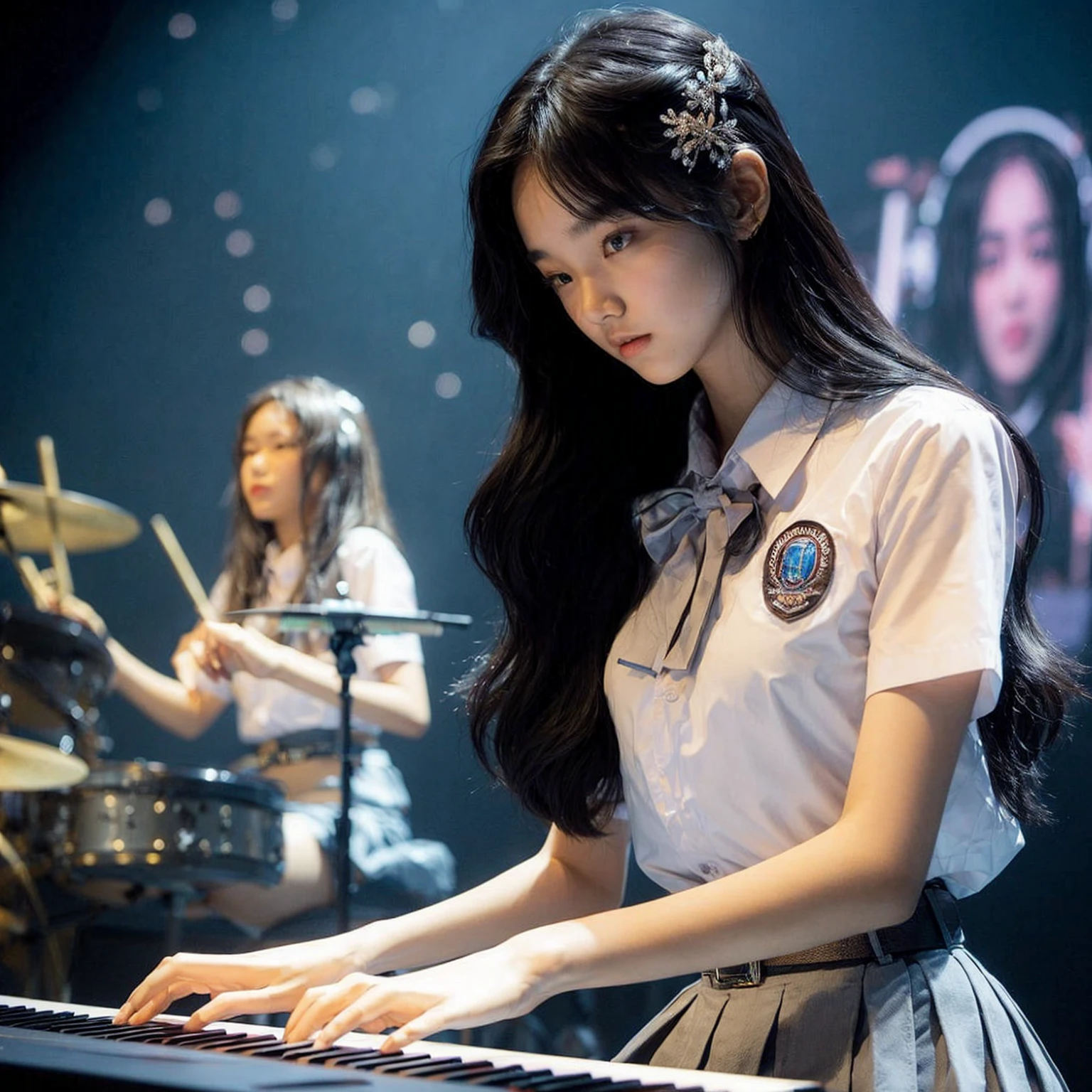 A beautiful Indonesian girl, 18 years old, tall, fair-skinned, black ponytail hairstyle, playing a keyboard piano, performing on a high school stage in Surabaya city, background of a girl playing drums, wearing an Indonesian high , white shirt, belt, and gray skirt, jumping around, headbanging, masterpiece, realistic image, HD, 4k, detailed face, detailed eyes, facing the audience