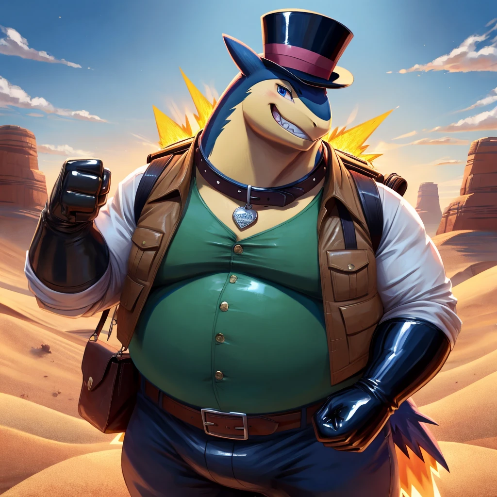 Male, fat, extremely obese, Typhlosion, blue eyes, (posing:1.3), (soft shading), 4k, hi res, ((detailed face, detailed)), looking at viewer, evil grin, desert, cactus, shirt, top hat, male focus, Explorer Outfit, glasses, pants, bag, vest, backpack, sleeves rolled up, round eyewear, brown headwear, brown vest, Typhlosion is wearing a glossy leather dog collar around the neck, Typhlosion is wearing the leather collar and shirt and vest at the same time, Typhlosion is wearing glossy white rubber gloves on the hands, gloves are rubber in texture, clenching teeth, clenching fists, leather collar is glossy and shiny with a lot of detail.