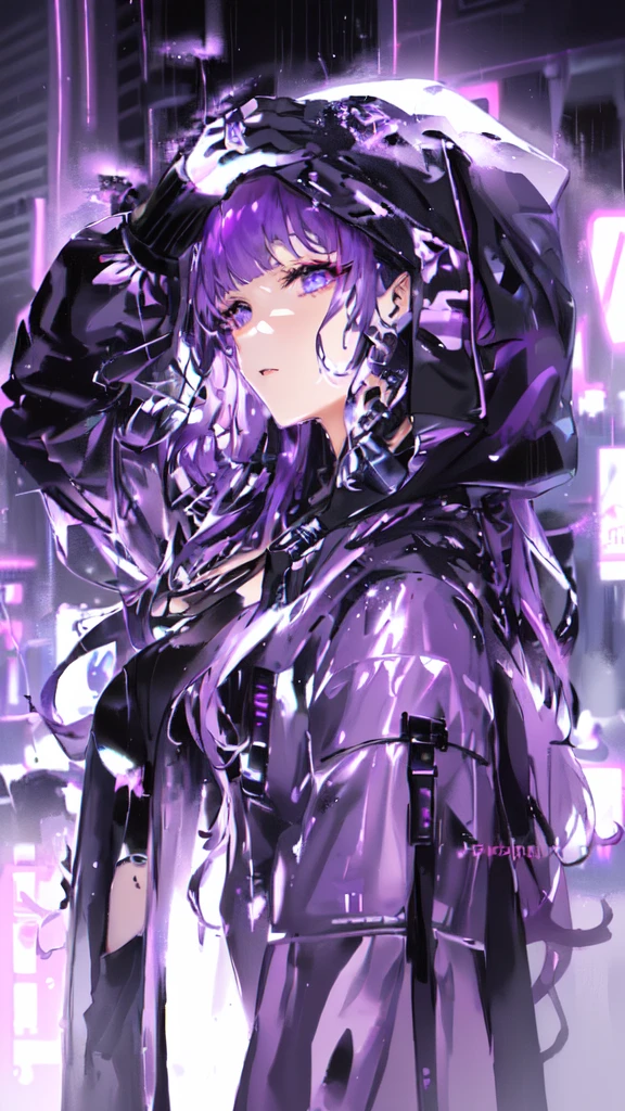 in the rain、Anime girl with purple hair and black jacket, Cyberpunk Anime Girl in hoodie, digital Cyberpunk anime art, Digital Cyberpunk - Anime Art, Cyberpunk Anime Girl, anime cyberpunk art, Cyberpunk art style, Cyberpunk atmosphere, Cyberpunk anime art, female Cyberpunk Anime Girl, Dreamy Cyberpunk Girl, Cyberpunk atmospheres, Bright Cyberpunk Glow, Cyberpunk Style, Cyberpunk themed art