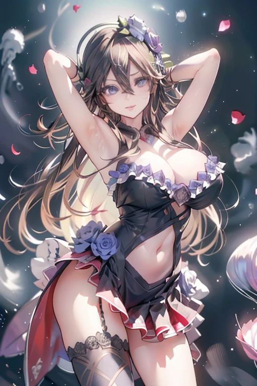 arms up behind, seductive smile,smile, Open your mouth,Shy laugh,Rosetta,(Huge hips:1.2),(Huge breasts, Glamour:1.2),Purple rose head dress,Ahoge,purple rose decoration,
((Highest quality)), ((masterpiece)),(detailed),High resolution,Sharp focus,Perfect Face,One girl,(complete anatomy),
(非常にdetailed CG unity 8k wallpaper),(((Vibrant colors))),{best illustration},Perfect Fingers,
shiny 肌,very shiny 肌,Shiny body,plastic glitter 肌,exaggerated shiny 肌,illuminated skin,
Beautiful Eyes,Symmetrical eyes,Big eyes:1.5,Seductive eyes,(erection of nipple),
((detailedなボディ)),(detailedな顔)), cute,Lewd,erotic,Bold,Adult,Long legs,Mature Woman,
(Rose petals flying, 超High resolution),Wear an iridescent aura,
Invisible Light, Amazing shine, Neon purple glow, The colors of another world,Bright colors, Ghostly Effects,
Cleavage,Shoulder Bare,Garter Straps,gem,Black Opera Gloves,Black Dress,Black fishnet stockings,
紅いgemの付いた首飾り,
((Island above the clouds)(Floating:1.5)),A river that flows through the center of the island,Cascading Waterfall,Vast grassland,There's a haze in the distance,
Beyond the Clouds,reflection,Breathtakingly beautiful clouds,Dazzling Light,altostratus,Majestic Landscape,