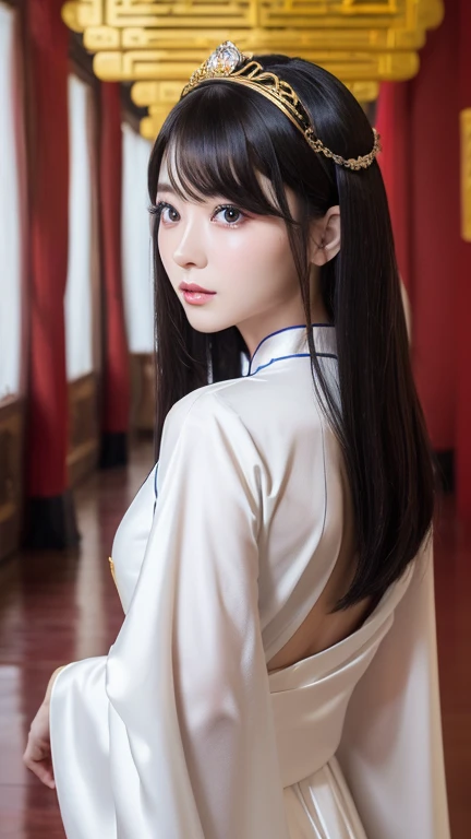 (((Chinese Beauty)))、(Angle of view from the side)、(Look back here)、21 years old、(Very heavy makeup:1.3)、(Slanted Eyes:1.4)、(long narrow eyes:1.4)、Shiny Hair、Glowing Skin、Very white skin、Jet Black Hair、Straight long hairstyle、Waist-length hair、Big eyes、Double eyelids、Luxury Chinese palace、(Standing in the palace corridor)、(Golden luxurious hair ornament)、(((Chinese Queen's Costume)))、Luxurious and gorgeous、(huge breast:1.2)、(Exposed Skin:1.2)、(Smile with your mouth closed)、Transparent white cloth、(((Vermilion and gold costume)))