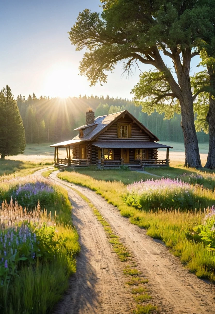 A charming log cabin, nestled amidst a sprawling meadow, exudes a sense of peaceful solitude. The sun casts long shadows across the dusty road, leading the eye towards the warmth and comfort of the cabin's welcoming porch.