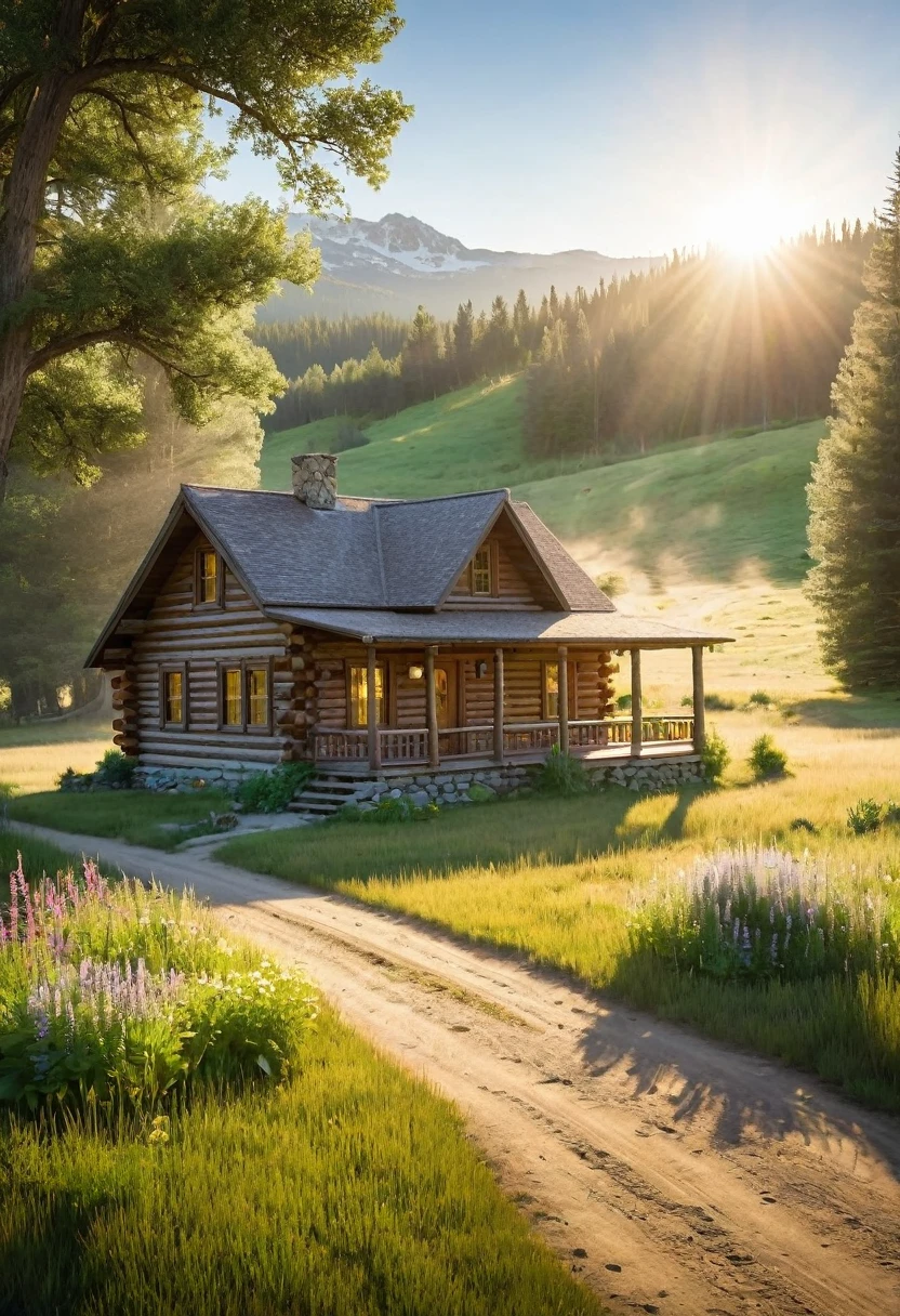 A charming log cabin, nestled amidst a sprawling meadow, exudes a sense of peaceful solitude. The sun casts long shadows across the dusty road, leading the eye towards the warmth and comfort of the cabin's welcoming porch.