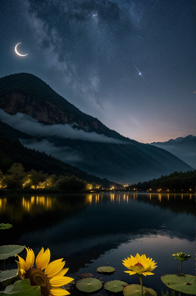night, Only moonlight illuminates, Meniscus, distant mountain, beautiful big sunflower nearby, big red lotus, There is a water supply next door, frog, summer is full of joy, The crescent moon and the stars in the sky mix together, awesome wallpaper, 雨が降るnight, 雨のnight, beautiful and beautiful, cinematic light, high details ((It rained heavily))), 8k