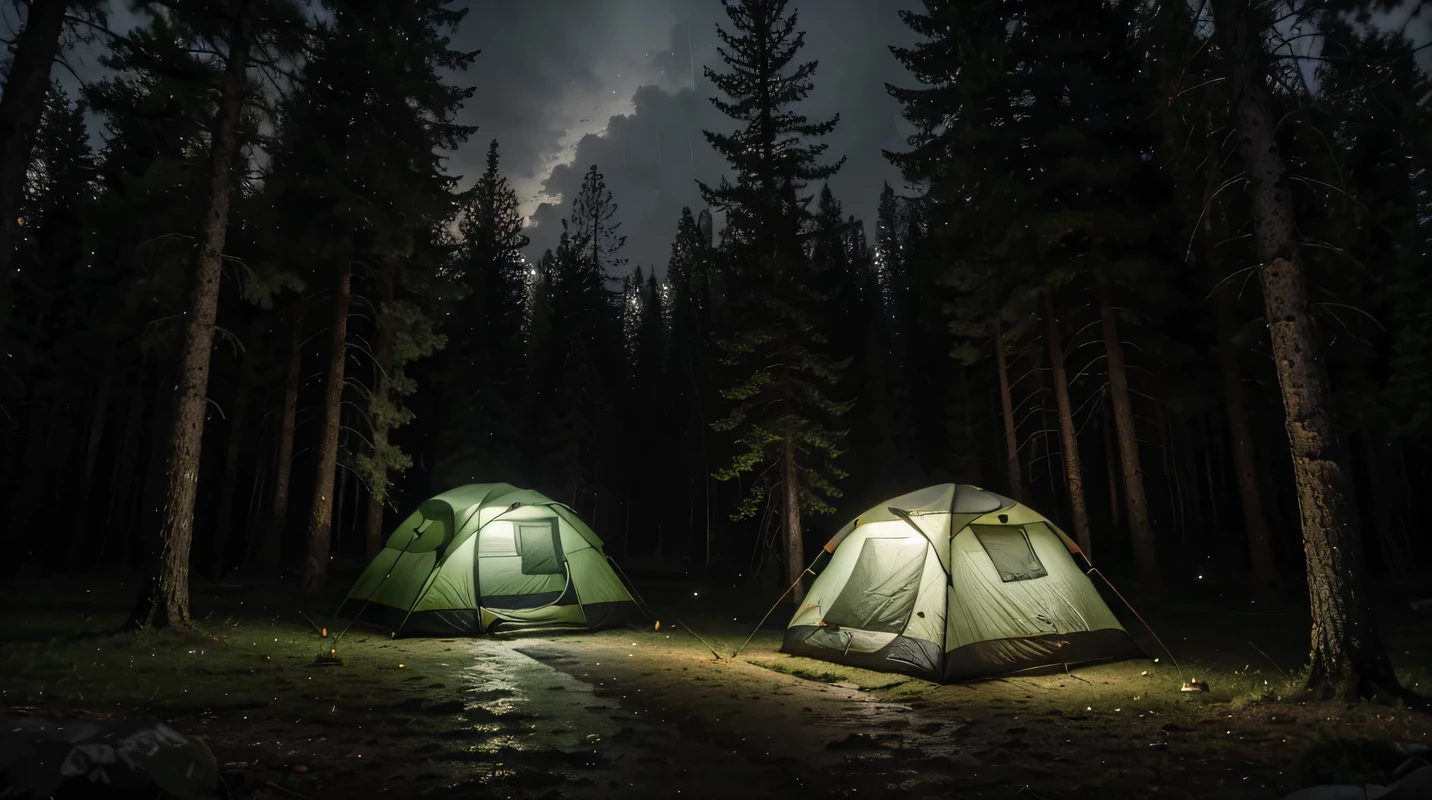 (masterpiece, 8K, UHD, photo-realistic:1.3), camping ground during heavy rain at night, there are several camping tents, in the middle of a dense pine forest during heavy rain at night, the atmosphere is dark during heavy rain at night