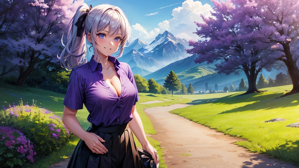 1girl, solo, full body, summer, village, trees, sun, clouds, mountains, fantasy world, colorful hair, side ponytail, large breasts, button down, dark blue eyes, ((purple shirt)), ((unbuttoned shirt)), ((short sleeved shirt)), cleavage 1:3, black skirt, brown shoes, grin, looking at the viewer, standing, hair ribbon