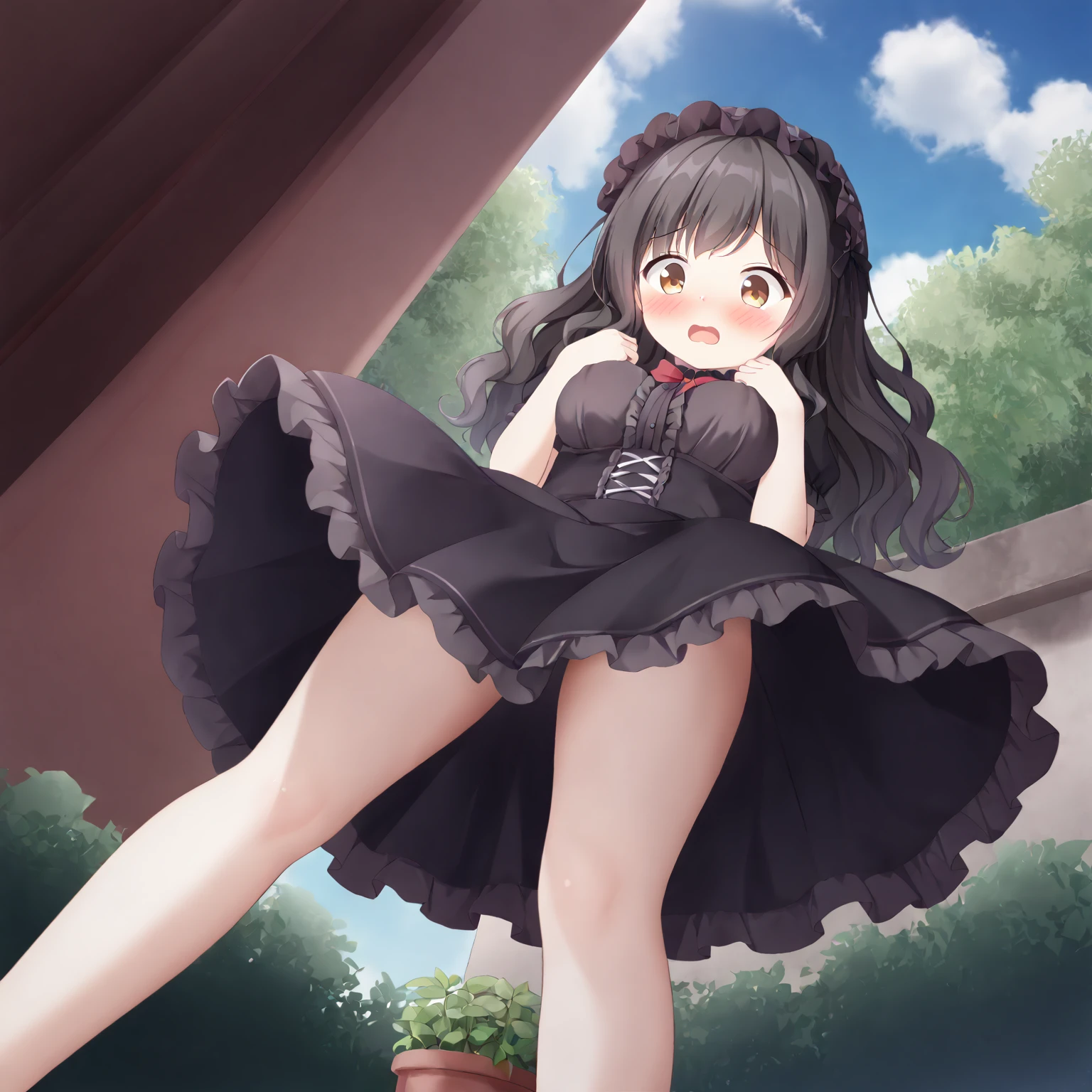 Cute beautiful girl、Turning around, shocked and blushing、Budding breasts、Gothic ****ta、Wavy Hair、Underwearless、Skirt flipped up、From below、From the back、,garden