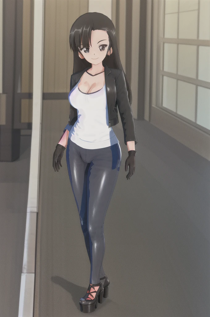 masterpiece, best quality, 1girl, solo, girls und panzer, nishi kinuyo,asymmetrical bangs,cleavage, (black leather jacket, pants, brown gloves:1.2), looking at viewer, (((solo))),(((1 girl))), beautiful, illustration, extremely detailed skin, masterpiece, best quality, extremely detailed face, vibrant colors, depth of field, cinematic lighting, sharp focus, slender, slim, cowboy shot, pov, (anime screencap:1.1), (smile), blush, (((shiny skin))), (glistening skin), light rays, lens flare, areola, garter belt, black stockings, black thighhighs, thighs, large breasts, red fur jacket, cropped jacket, looking seductive, bimbofication, cameltoe, slut, skindentation, (lingerie) , (full body shot), (round-toed heels), (Highness heels), (platform heels), (stiletto heels), (((Mary Jane heels))), (((standing))), outdoors, country, beautiful sky