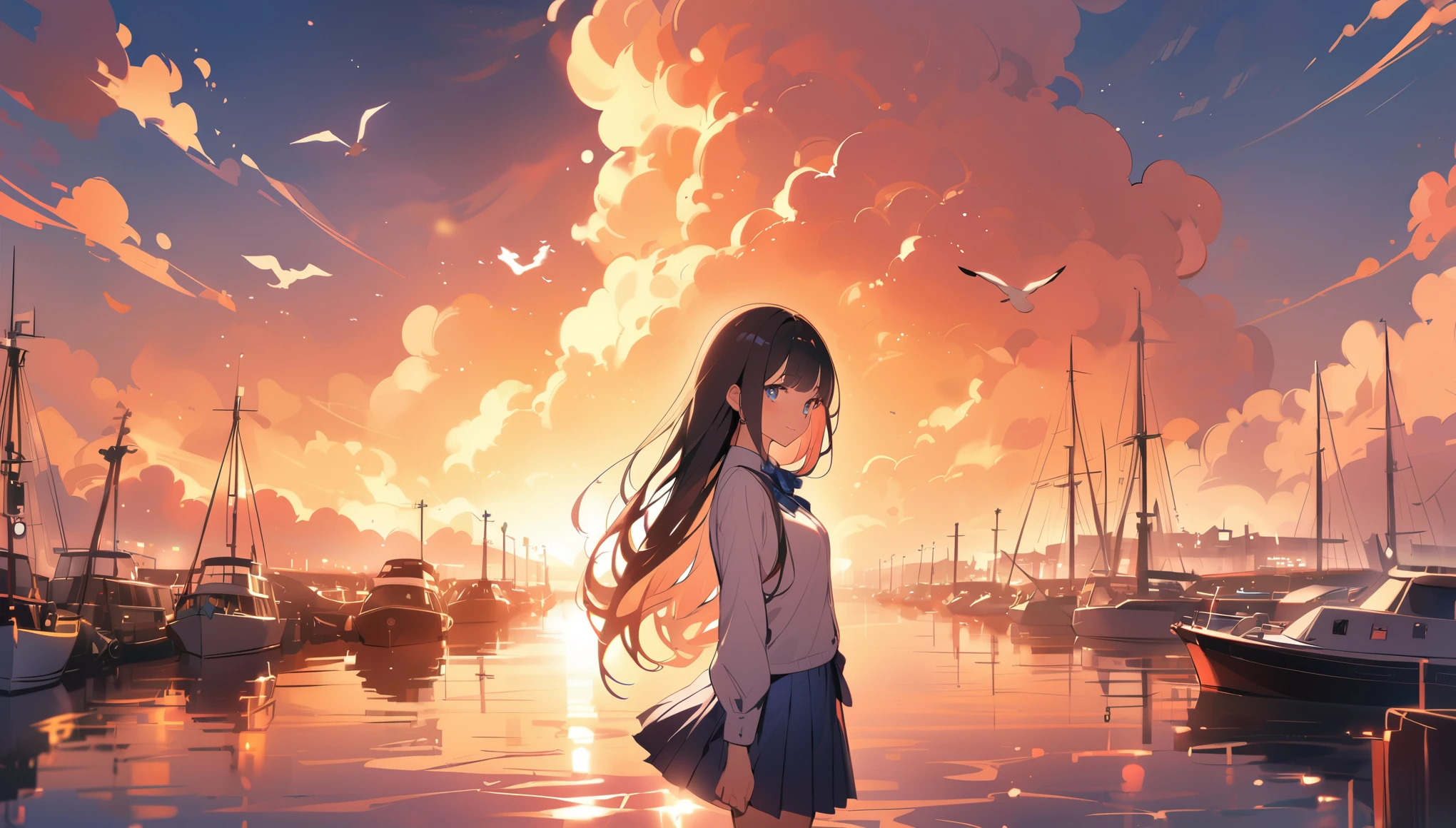BREAK 1 girl, long hair, black hair, straight hair, short bangs above brows, blue eyes, warm smile, 
BREAK (masterpiece), (high resolution 8K), cinematic lighting, professional lighting, detailed eyes and face, detailed body, 
BREAK white shirt, blue bowtie, pleated skirt,  
BREAK very wide, panorama view, sense of depth, shot from front, 
BREAK outdoors, many boats are parked in the harbor, cumulonimbus clouds, piers, seagulls flying in the distance, twilight, from side, rule of thirds, 