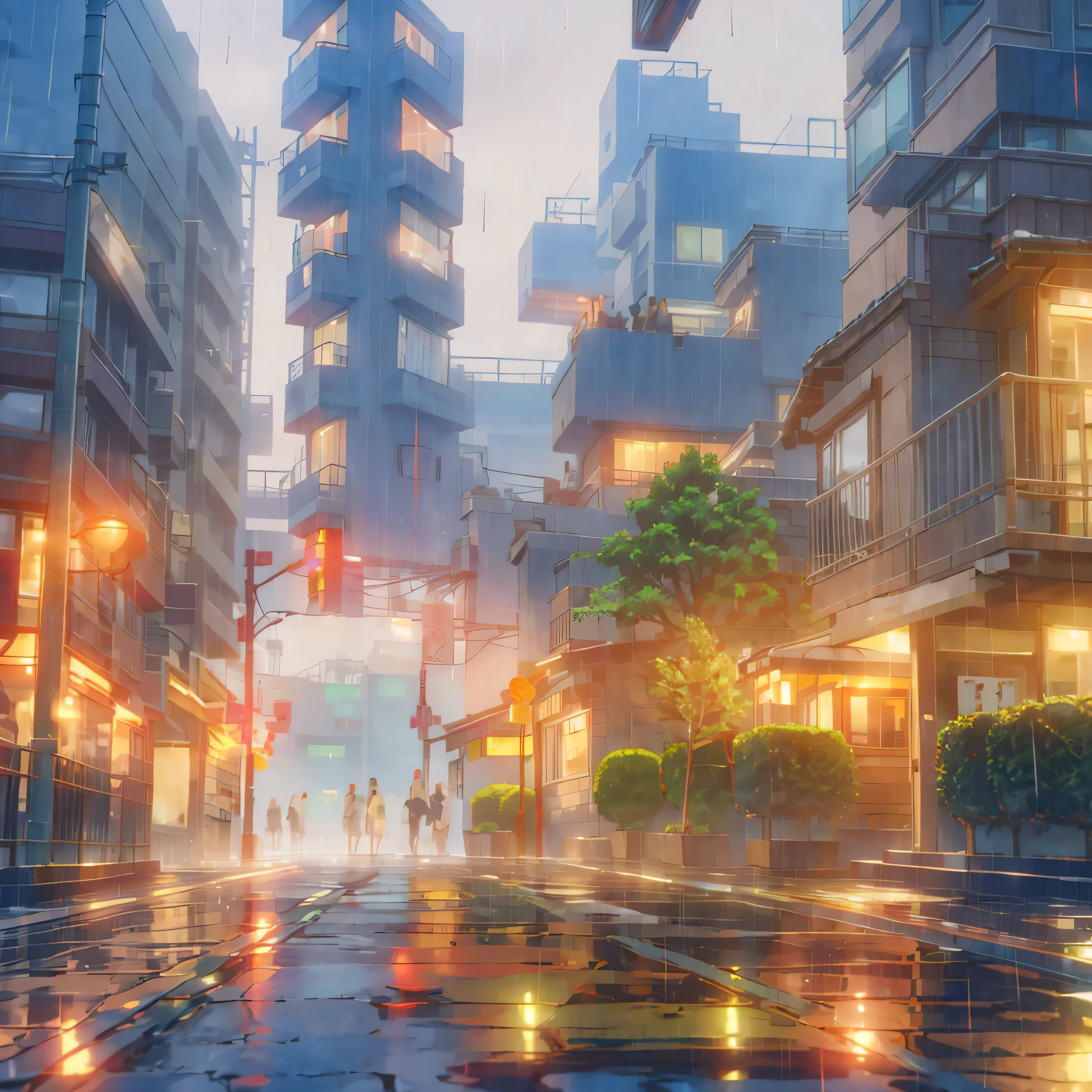 anime city street with a rainy sky and a street