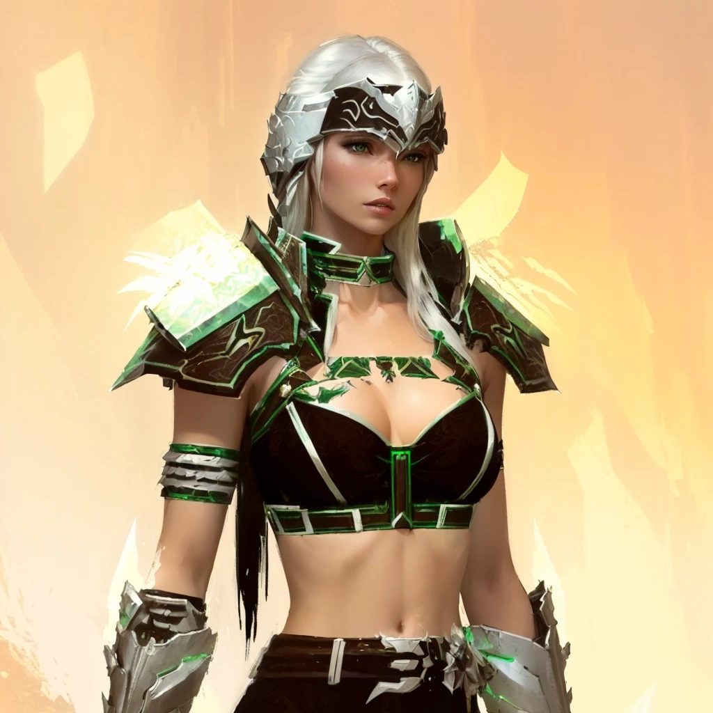 there is a woman in a costume that is standing in front of a wall, a blonde emerald warrior, ornate bikini armor, warrior outfit, from guild wars 2, sleek bright white armor, clothed in ethereal battle armor, wearing shiny breastplate, in monster hunter armor, north adult female warrior, fractal armor, sleek white armor, pale black armor, intricate white armor