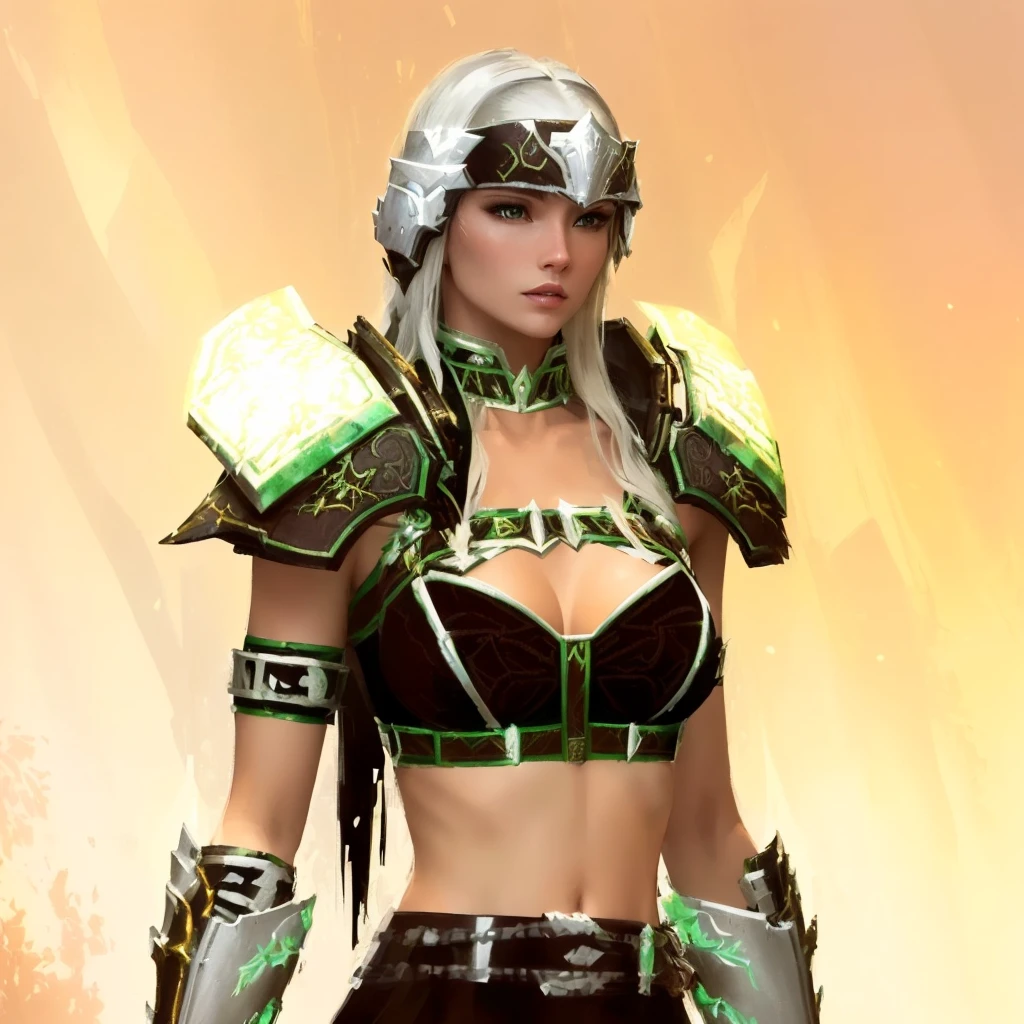 there is a woman in a costume that is standing in front of a wall, a blonde emerald warrior, ornate bikini armor, warrior outfit, from guild wars 2, sleek bright white armor, clothed in ethereal battle armor, wearing shiny breastplate, in monster hunter armor, north adult female warrior, fractal armor, sleek white armor, pale black armor, intricate white armor