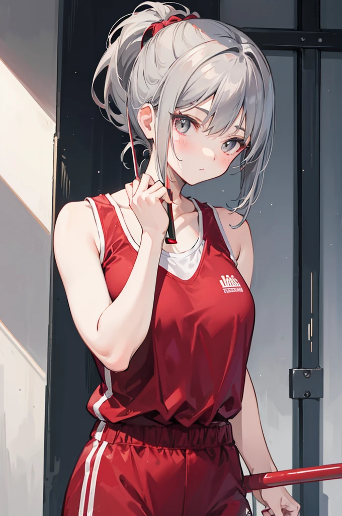 Short gray hair，Wearing a ponytail，Two strands of hair curtain，A spoon hanging on the chest，Girl with nice figure，cute，Wearing black lining，Red sportswear，Badminton racket in hand，A girl who is not very tall，In the gymnasium