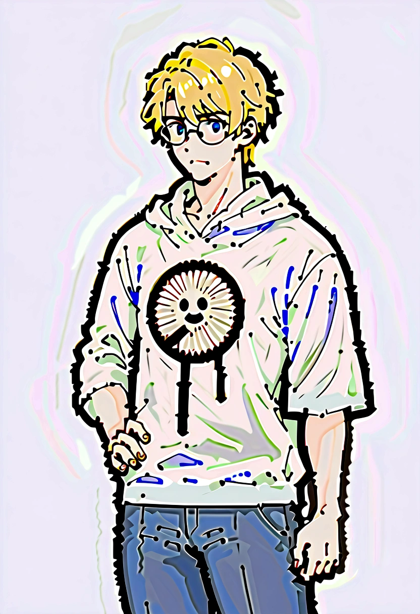 male focus, solo, ikemen, mature, male only, , scared, eyes fix, flat chest, sturdy waist, 15 yost fan, ghost hoodie, round glasses, tired, looking at viewer, simple art, blond hair, blue eyes
