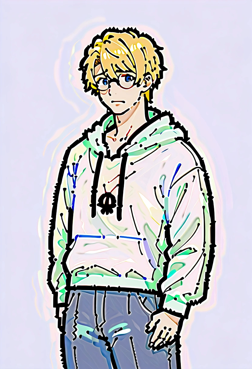 male focus, solo, ikemen, mature, male only, teen, scared, eyes fix, flat chest, sturdy waist, 15 years old, ghost fan, ghost hoodie, round glasses, tired, looking at viewer, simple art, blond hair, blue eyes