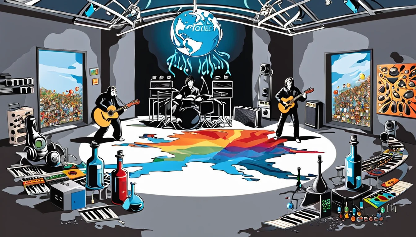 Masterpiece; cover of the Beatles' Abbey Road album; Guitars and drums in a small science lab(((several science bottles around the room))); (guitars and musical keyboards inside science bottles) World map on the wall. sciencie complete with speakers and glass flasks of chemistry, embody the resilience and tenacity of the scientific community, infused with a bold graphic allure that enlivens the spirit of science. The design penetrates layers of depth, integrating the raw essence and vibrant cores of Rio de Janeiro culture. Brushstrokes that incorporate the fluid energy of graffiti on guitars and acoustic guitars weave around dynamic geometric shapes, adorning the laboratories with an evocative masterpiece that speaks to the heart of the intersection between two diverse worlds. Majestically rendered in high definition and vibrant color, every detail bursts with life, inviting viewers to marvel at the beauty that; by Monet