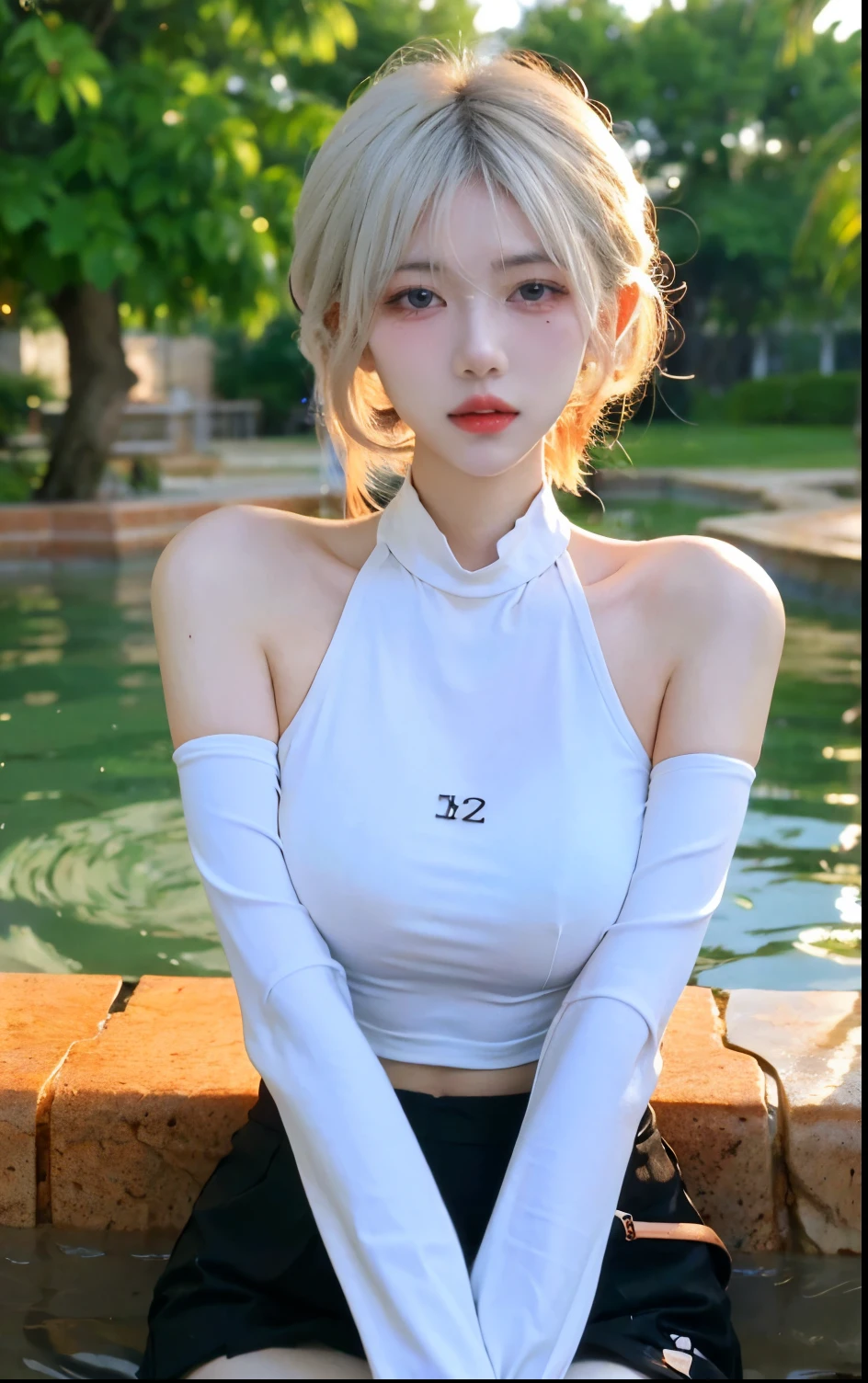 Beautiful woman with perfect figure:1.4，Swimming background，Desert Background，Ultra-high resolution，Seductive laughter，wear glasses，White legs，（lifelike：1.4），Layered Hairstyle，White skin，Black mini pleated skirt，whole body，Very delicate face and skin texture，Double eyelids，Skin Whitening，Long hair，White hair，White，