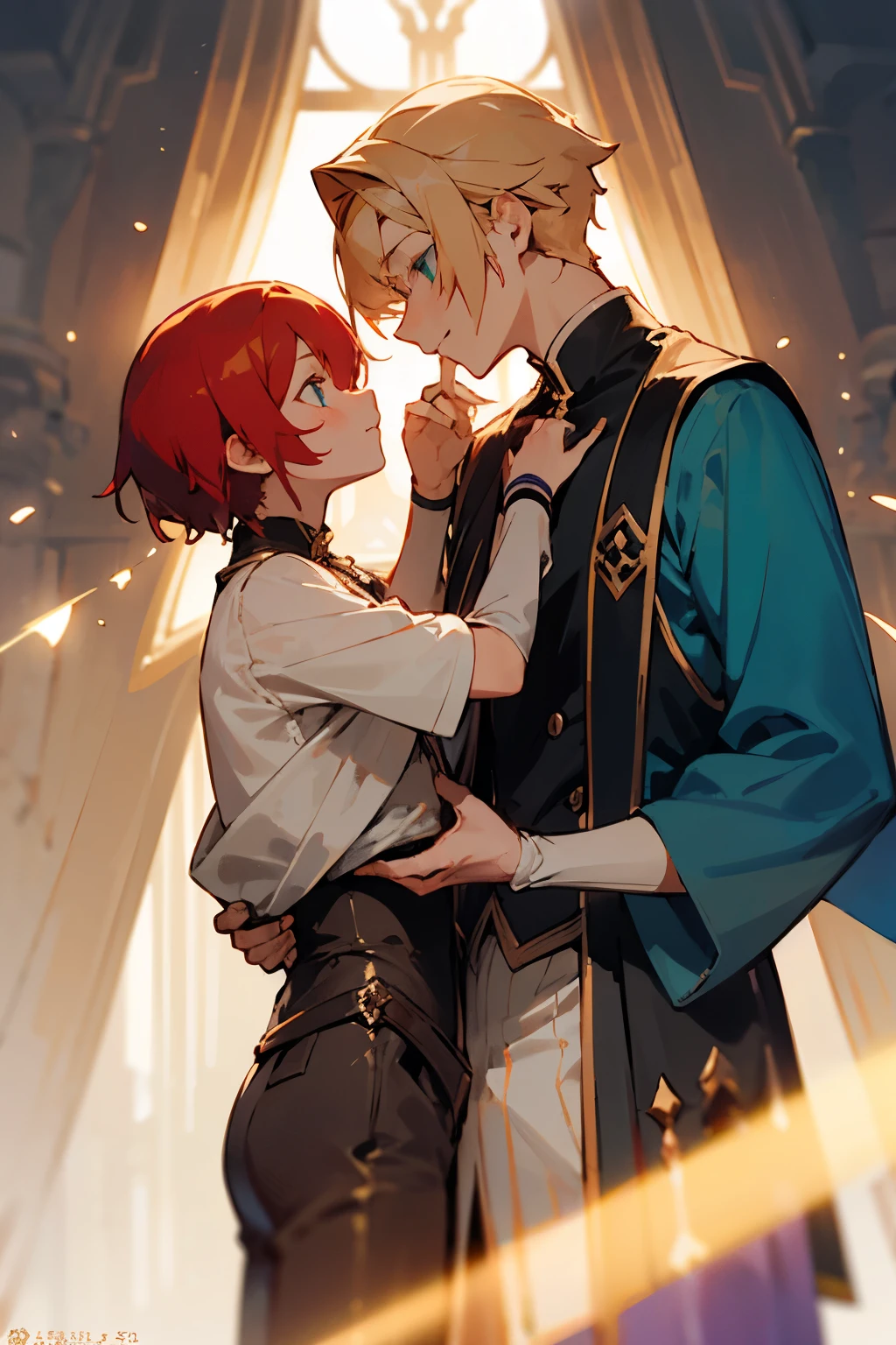 Love triangle of men, one blonde with green eyes 1:82 tall another red haired guy with light blue eyes 1:92 tall and one with light brown hair, one with violet eyes and the other with red eyes.:54 tall hugged