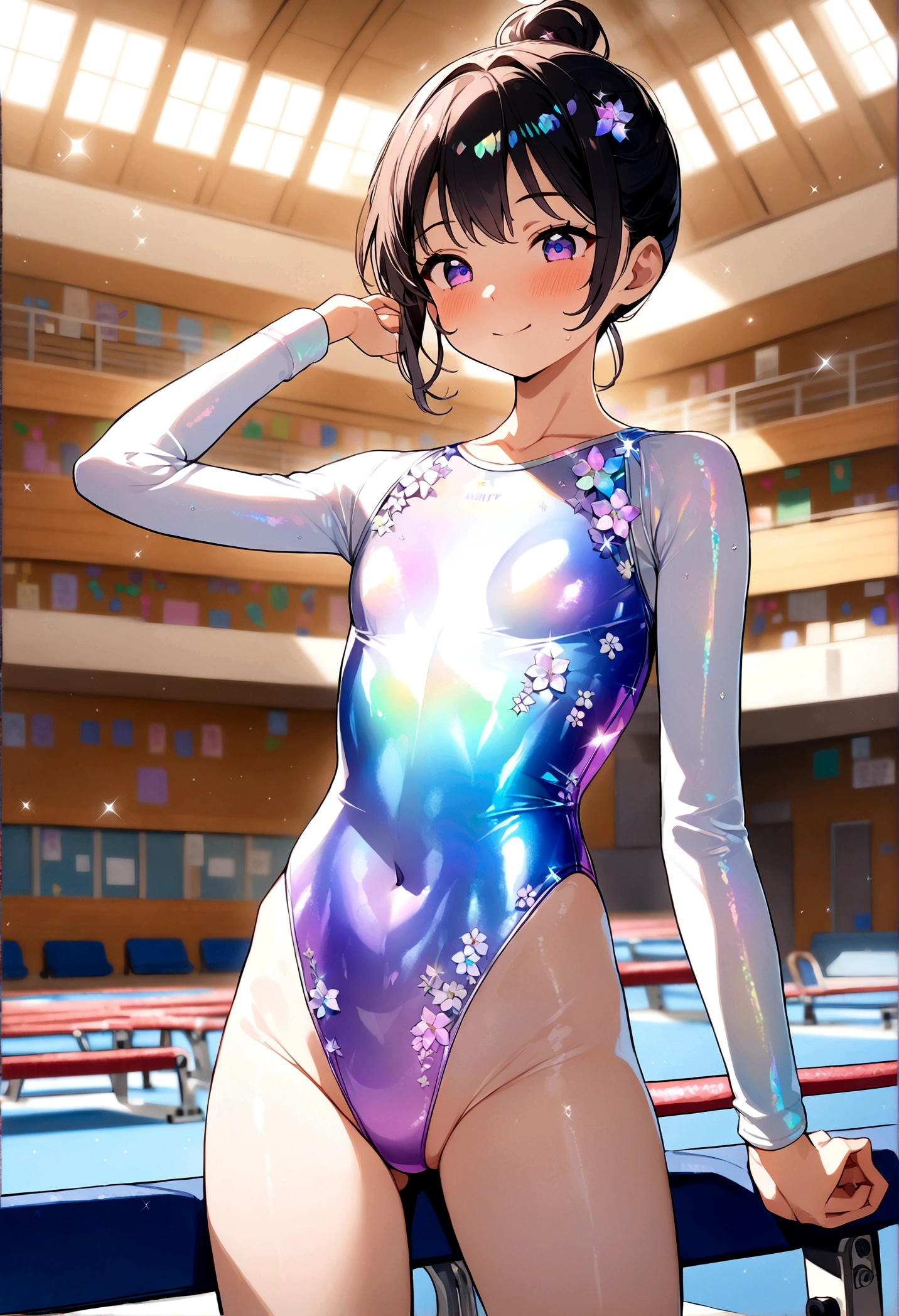 highquality illustration, masterpiece, very delicate and beautiful, attractive girl,(gymnastics leotard, Floral patterns leotard,long sleeve leotard with glittery decoration,high_leg leotard,athletic leotard,tight-fit leotard,iridescent gradient leotard),thin,slender body,slim,high school,gymnasium background,gymnastics club,gymnastics athlete,princess, beautiful eyes,light smile,(masterpiece, best quality:1.2), highres, extremely detailed CG unity 8k wallpaper, perfect lighting, Colourful, ultra-high res,4K,ultra-detailed, photography, 8K, HDR, 17 ages, 