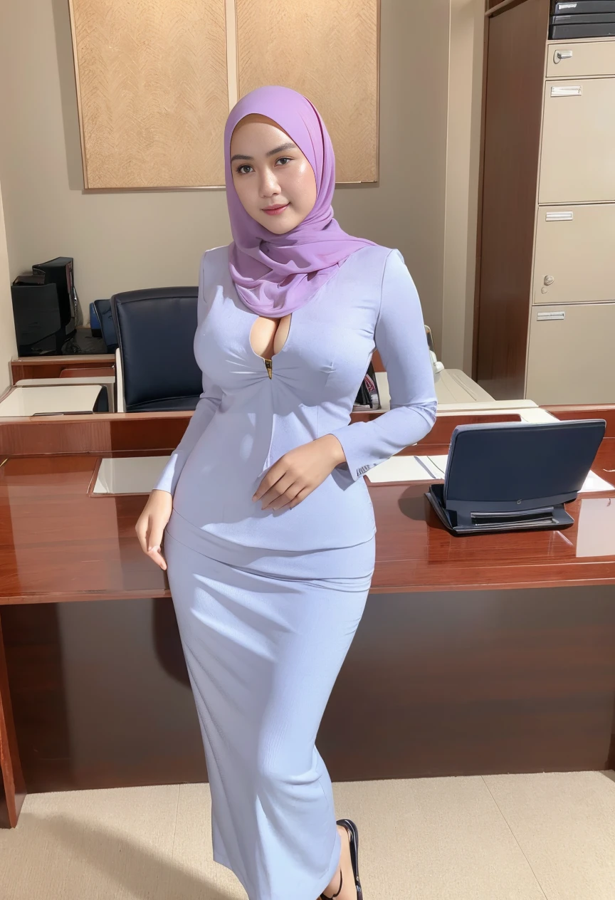 masterpiece, best quality, ultra-detailed, illustration, hijab indonesian, 1 women, big breast forward chest, looking at viewer, best quality, (closed mouth, sad smile), beautiful detailed glow , (formal office outfit:1.3),(bad room), full body view, randome pose