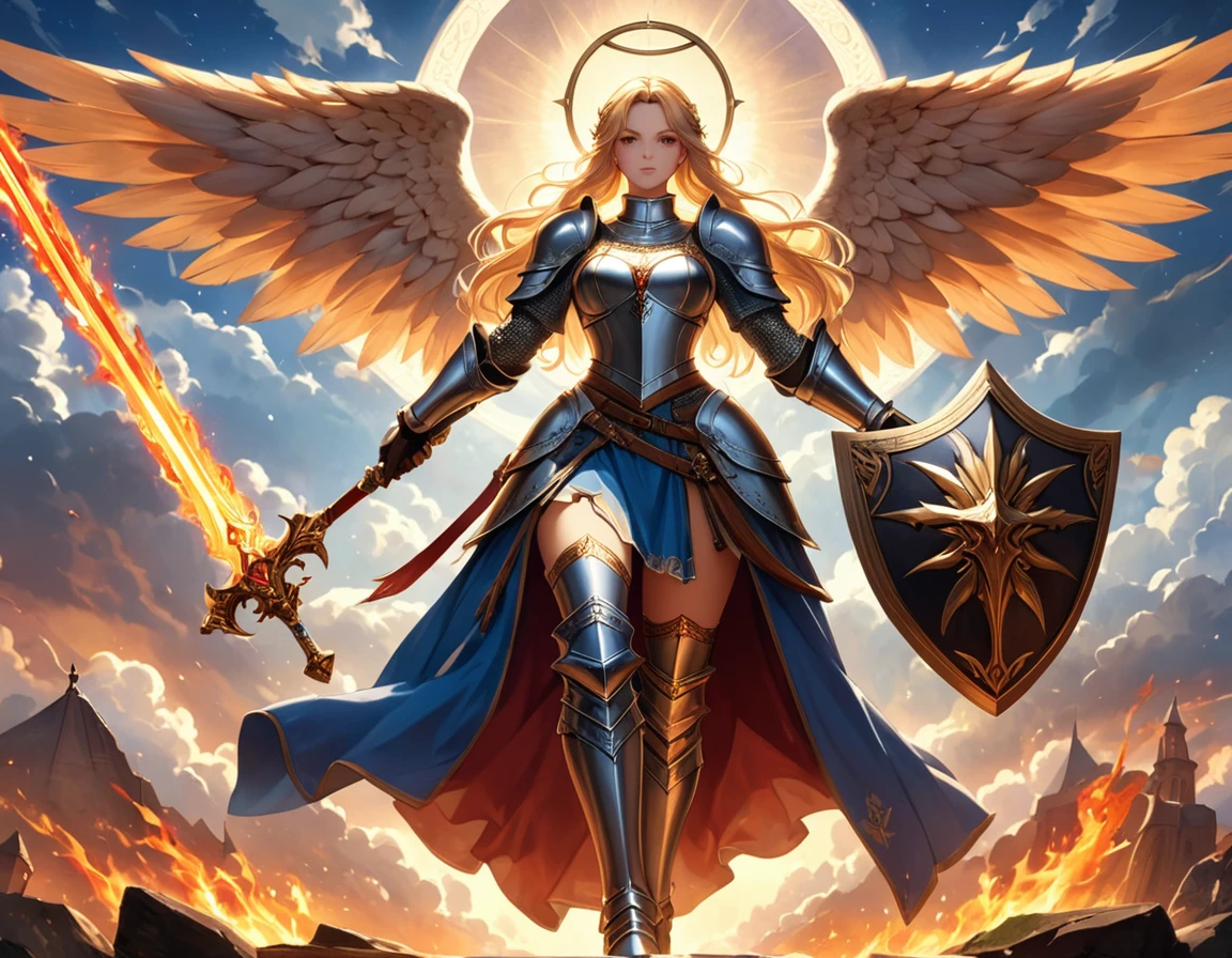 a ((medieval masterwork fresco art: 1.5)) Italian renaissance style, of a 1female angel knight, spread angelic wings, glowing halo soft light, full body shot, ultra detailed face, determined expression, angel of justice and vengeance, blond hair, long hair, dynamic hair style, (wearing armor: 1.2), intricate details, wearing (thigh high heeled boots: 1.1) , (holding divine sword: 1.3), flaming sword, intense details, masterwork sword, dynamic background(Masterpiece: 1.5), Vibrant, Ultra-high resolution, High Contrast, (masterpiece:1.2), highest quality, Best aesthetics), best details, best quality, highres, ultra wide angle, 16k, [ultra detailed], masterpiece, best quality, (extremely detailed), intense gaze, faize, raging nebula, Sword and shield, drc_style