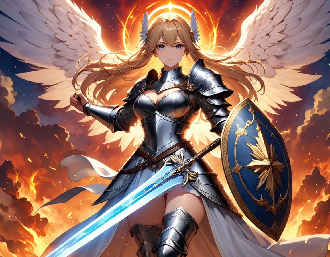 a ((medieval masterwork fresco art: 1.5)) Italian renaissance style, of a 1female angel knight, spread angelic wings, glowing halo soft light, full body shot, ultra detailed face, determined expression, angel of justice and vengeance, blond hair, long hair, dynamic hair style, (wearing armor: 1.2), intricate details, wearing (thigh high heeled boots: 1.1) , (holding divine sword: 1.3), flaming sword, intense details, masterwork sword, dynamic background(Masterpiece: 1.5), Vibrant, Ultra-high resolution, High Contrast, (masterpiece:1.2), highest quality, Best aesthetics), best details, best quality, highres, ultra wide angle, 16k, [ultra detailed], masterpiece, best quality, (extremely detailed), intense gaze, faize, raging nebula, Sword and shield, drc_style