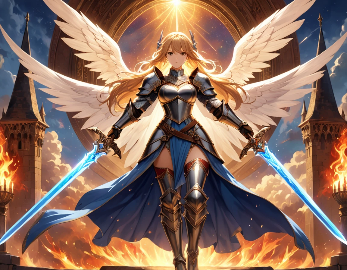 a ((medieval masterwork fresco art: 1.5)) Italian renaissance style, of a 1female angel knight, spread angelic wings, glowing halo soft light, full body shot, ultra detailed face, determined expression, angel of justice and vengeance, blond hair, long hair, dynamic hair style, (wearing armor: 1.2), intricate details, wearing (thigh high heeled boots: 1.1) , (holding divine sword: 1.3), flaming sword, intense details, masterwork sword, dynamic background(Masterpiece: 1.5), Vibrant, Ultra-high resolution, High Contrast, (masterpiece:1.2), highest quality, Best aesthetics), best details, best quality, highres, ultra wide angle, 16k, [ultra detailed], masterpiece, best quality, (extremely detailed), intense gaze, faize, raging nebula, Sword and shield, drc_style