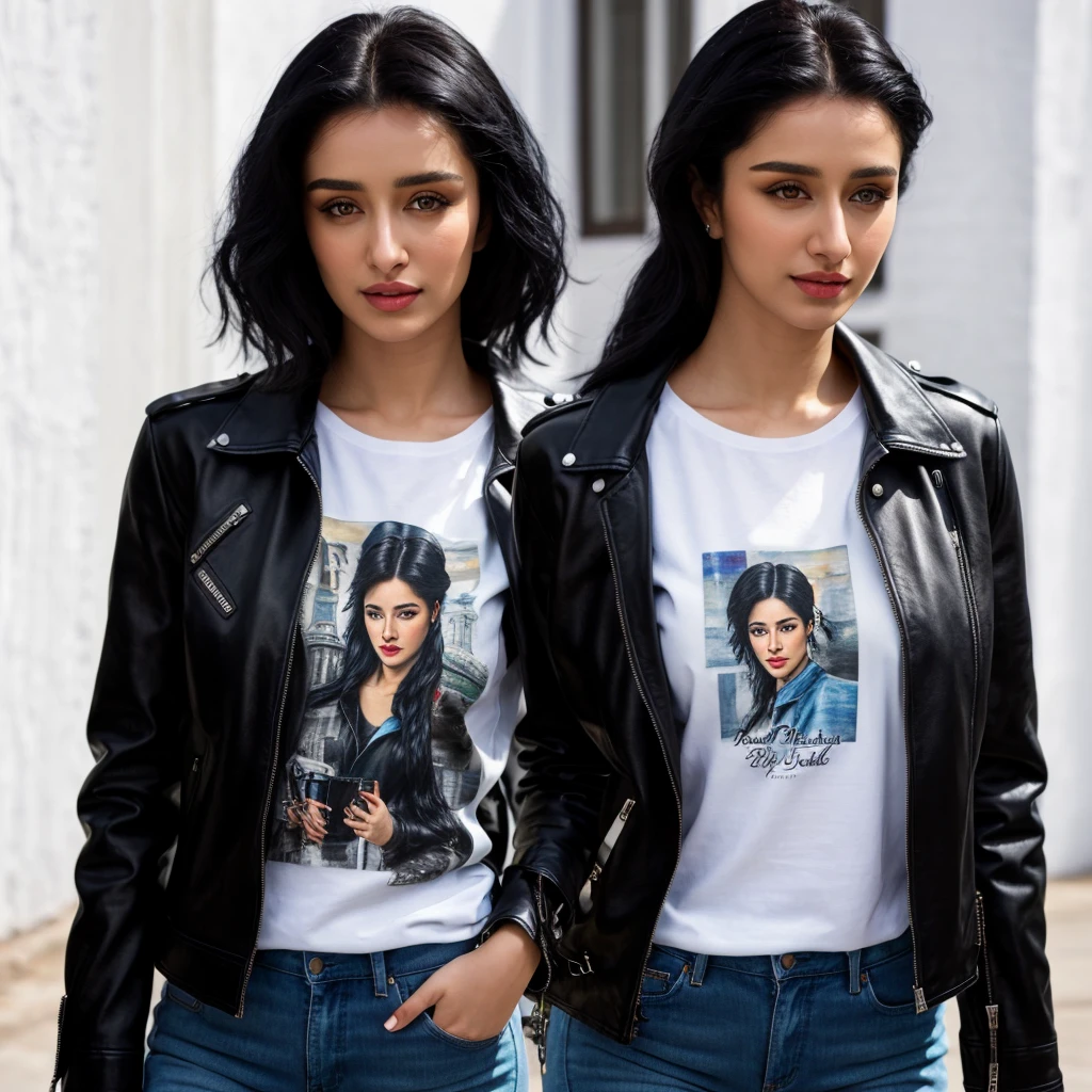 ((best quality)), ((masterpiece)), (detailed), Beautiful black haired russian woman, wearing black leather jacket over white printed t-shirt and blue jeans , skp