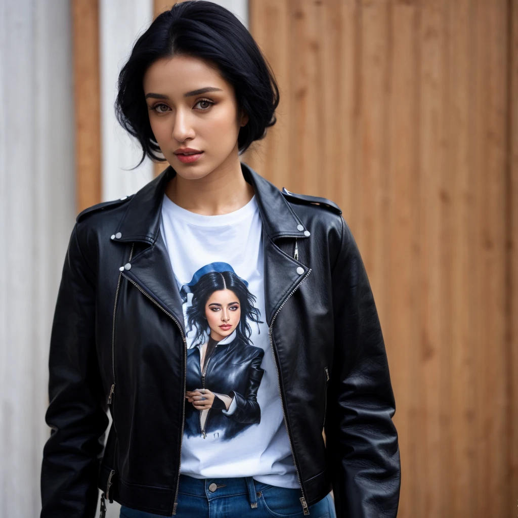 ((best quality)), ((masterpiece)), (detailed), Beautiful black haired russian woman, wearing black leather jacket over white printed t-shirt and blue jeans , skp