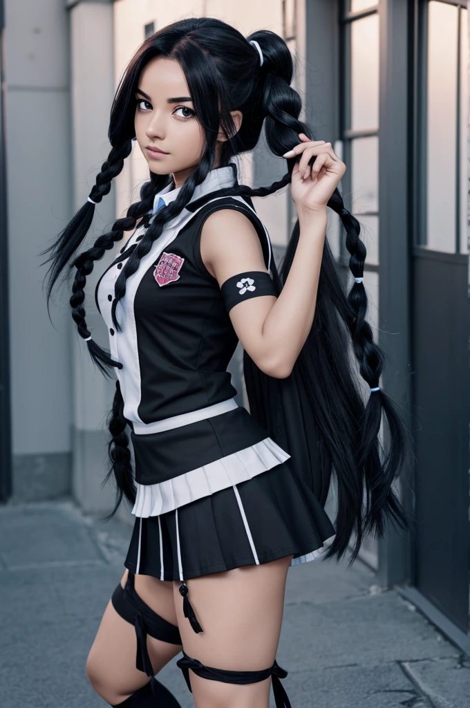 screenshot Boku no hero comic manga black and white skin color:brunette eye color:roses hair color:black with blue hair:long with a braid pose:full body clothing :with the UA gender uniform:Women