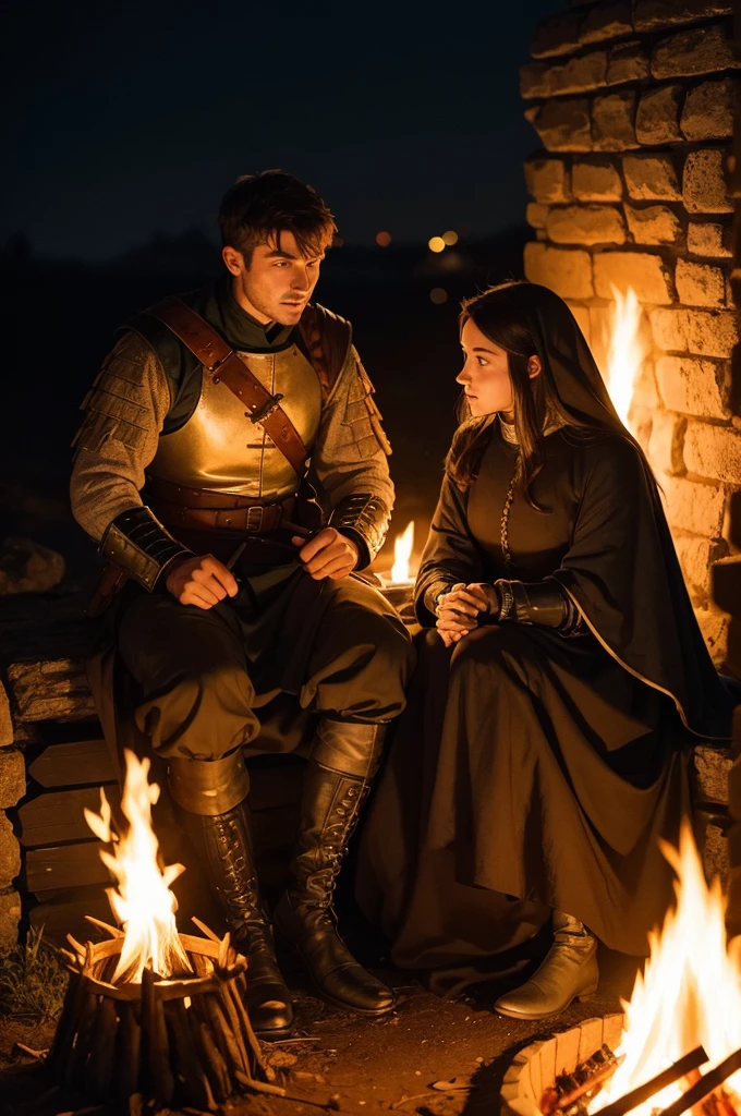 Two soldiers in the medieval era talking next to a bonfire at night