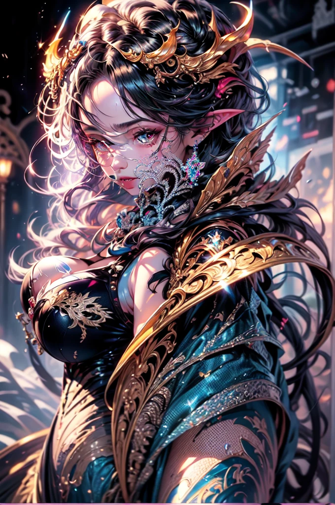 best quality,4k,8k, highres, masterpiece:1.2), ultra-detailed, extremely detailed eyes, extremely detailed body, (large masterpiece digital art), (detailed manga illustration), (detailed line art), ((perfect anatomy)), (intricate details:1.3), (ultra-detailed:1.3), (illustration:1.3), (sharp focus:1.3), (natural lighting:1.05), (vivid colors:1.3), (masterpiece), (best quality:1.4), (perfect anatomy:1.4), high quality, expressive eyes, full body, detailed face, beautiful face, perfect face, 1girl, ((dark skin)), animal ears, black sclera, smile, colored sclera, breasts, solo, monster girl, black hair, (wolf ears), large breasts, curvy, wide hips, long hair, ((gold eyes)), claws, grin, fur, looking at viewer, collar, ((dynamic action pose)), tail, (wolf tail), {(dragon horns)}, demon horns, wings, sadistic smile, hair over eye, {regal outfit}, tiny crown, blue fire, curvy, sexy dress, dark skin, cinematic lighting, dramatic atmosphere, Beautiful woman, dragon spear in hand, Jeff Bridges, ((cartoon style)), Marvel Cinematic Universe style, (((hell castle in the background))), soft bokeh of hellscape, Atey Ghailan, Jeremy Mann, Greg Manchess, Antonio Moro, trend in ArtStation, trend in CGSociety, Intricate, High Detail, Sharp focus, dramatic and photorealistic painting art by Midjourney and Greg Rutkowski,