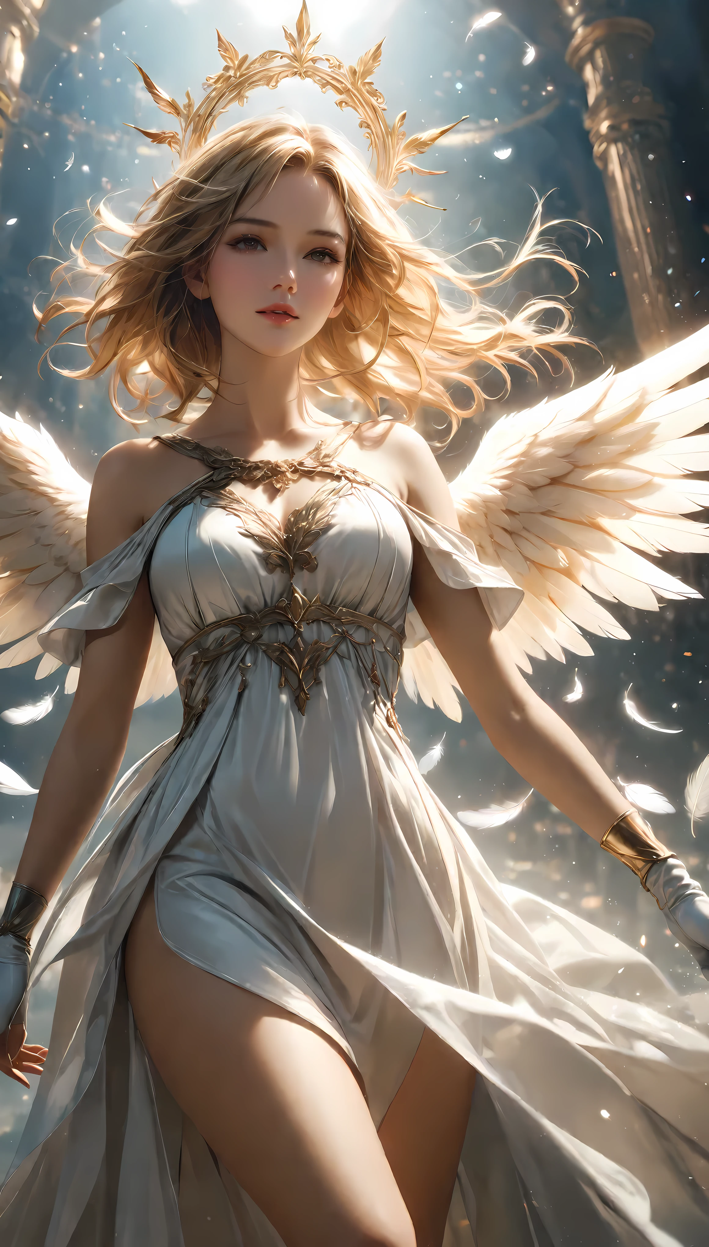 ((Masterpiece in maximum 16K resolution):1.6),((soft_color_photograpy:)1.5), ((Ultra-Detailed):1.4),((Movie-like still images and dynamic angles):1.3). | (cinematic photo of an Female Angel descending from the heaven), (Blonde Supermodel Beauty), (focus on the wings), (cinematic lens), (majestic sky with heavenly light), (tyndall effect), (floating feathers), (angelic halo), (luminous object), (female hand gloves), (Serene atmosphere), (shimmer), (aesthetic angelic accesories), (visual experience),(Realism), (Realistic),award-winning graphics, dark shot, film grain, extremely detailed, Digital Art, rtx, Unreal Engine, scene concept anti glare effect, All captured with sharp focus. | Rendered in ultra-high definition with UHD and retina quality, this masterpiece ensures anatomical correctness and textured skin with super detail. With a focus on high quality and accuracy, this award-winning portrayal captures every nuance in stunning 16k resolution, immersing viewers in its lifelike depiction. | ((perfect_composition, perfect_design, perfect_layout, perfect_detail, ultra_detailed)), ((enhance_all, fix_everything)), More Detail, Enhance.