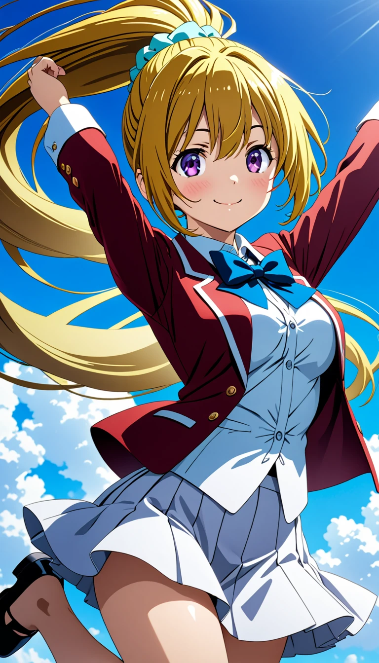 (8k, best quality, masterpiece,ultra detailed, ultra high res:1.2), BREAK (anime keyvisual:1.1), 1girl, Kei Karuizawa, Kei Karuizawa \(youjitsu\), long hair, ponytail, yellow hair, purple eyes, blue bow, hair scrunchie, medium breasts, red blazer,buttoned blazer, blue bowtie, long sleeves, white skirt,jumping ,arms hold up, cowboy shot, smile,closed mouth,blue sky background