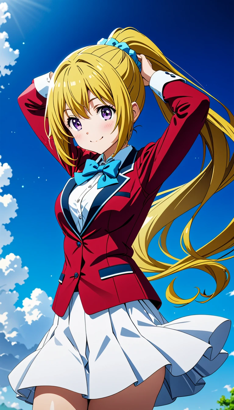 (8k, best quality, masterpiece,ultra detailed, ultra high res:1.2), BREAK (anime keyvisual:1.1), 1girl, Kei Karuizawa, Kei Karuizawa \(youjitsu\), long hair, ponytail, yellow hair, purple eyes, blue bow, hair scrunchie, medium breasts, red blazer,buttoned blazer, blue bowtie, long sleeves, white skirt,jumping ,arms hold up, cowboy shot, smile,closed mouth,blue sky background