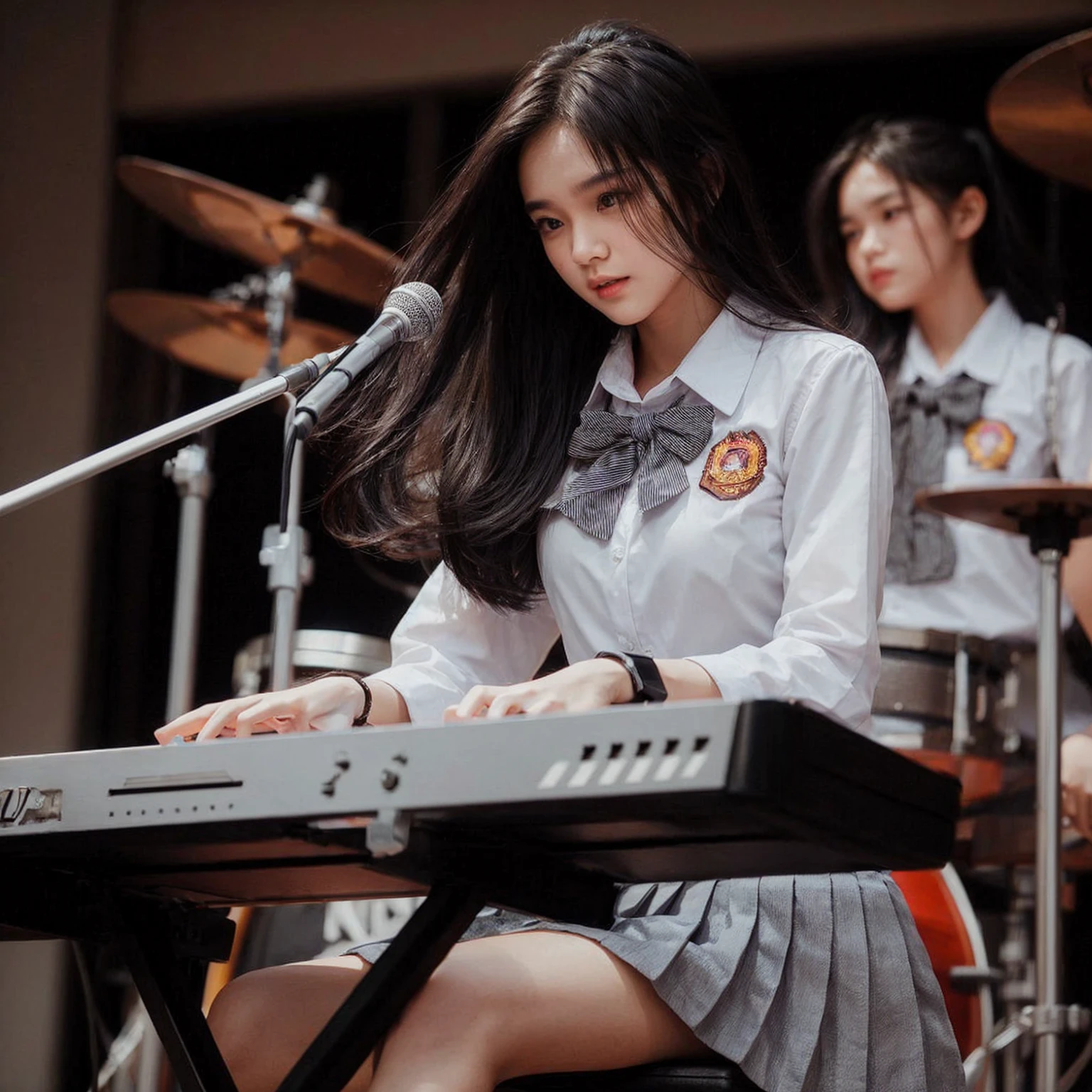 A beautiful Indonesian girl, 18 years old, tall, fair-skinned, black ponytail hairstyle, playing a keyboard piano, performing on a high school stage in Surabaya city, background of a girl playing drums, wearing an Indonesian high , white shirt, belt, and gray skirt, jumping around, headbanging, masterpiece, realistic image, HD, 4k, detailed face, detailed eyes, facing the audience