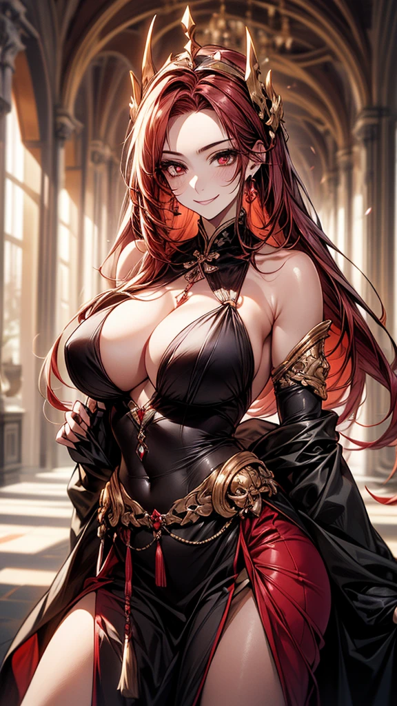 best quality, ultra high resolution, NSFW, hyper-detailed, intricately detailed, masterpiece, anime style, beautiful tall mature woman, mature woman around 28, white woman Milf, crimson (red) hair, long straight hair, red (blood) eyes, elegant, compassionate and lovely;, beautiful and the most beautiful woman ever, above average bust (modest), slim waist, Amazonian queen woman, wearing a black Chinese oriental dress with long sleeves, skirt red, with black details, Perfect body, fit body, natural muscular body, six-pack (defined), modest hips, beautiful skin, ultra-oily and shiny skin, sexy and seductive Amazonian warrior queen Woman looking with love is happiness for the spectator, fierce and imposing sexy and beautiful face full of kindness and compassion, beautiful happy face with a caring look and a joyful smile full of love, kindness and compassion, Standing in a lush and mysterious daytime RPG fantasy dungeon, Sun highlighting her body, fantasy, Looking at the viewer with a happy expression and a loving smile at the viewer, cowboy photo, portrait, Alone, Alone, 1 woman, looking at the camera with a happy and loving smile at the viewer, detailed body , detailed hair, detailed face, ready for a fight to protect you, she loves you more than anything, she will fight for you