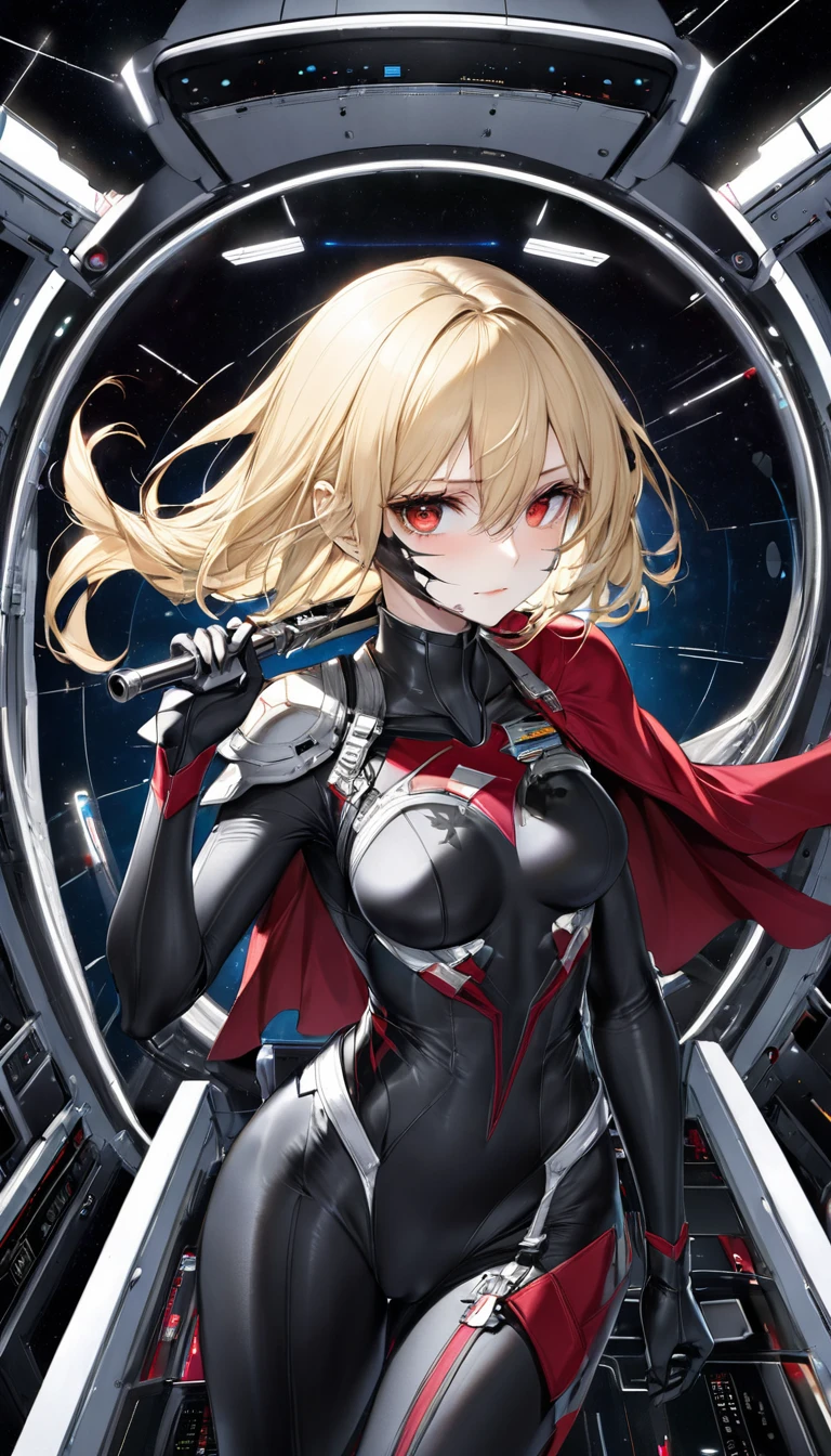 best quality, super fine, 16k, incredibly absurdres, extremely detailed, 2.5D, delicate and dynamic depiction, beautiful woman with a large stitched scar on her face, Narrow face, straight blonde hair, sharp slit eyes, red and black seamless shiny combat full body suit, long cape, rapier, background analyzer lab room inside the spacecraft