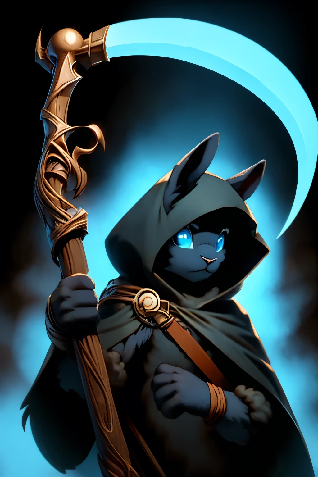 Rabbit man, black wool, hands in bandages, hood, Blue eyes, Scythe in hands 