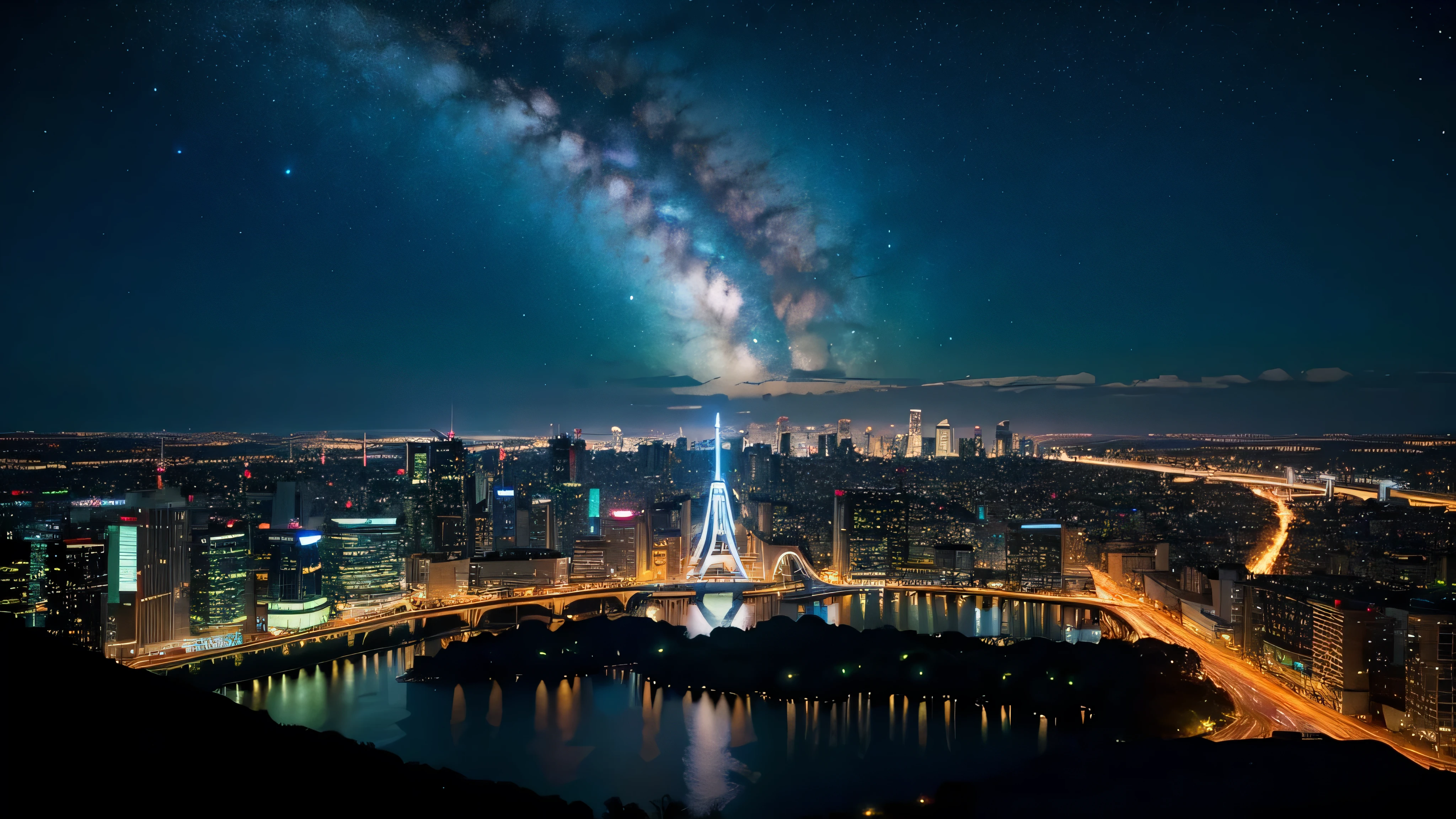 Wonderful landscape、Highest quality、Cityscape、Including sky、Starry Sky、night、Big Moon、Moonlit cityscape、building、There are no people,　Makoto Shinkai's Worldview, ８K quality, Neon glows, Breathtakingly beautiful scenery, 
