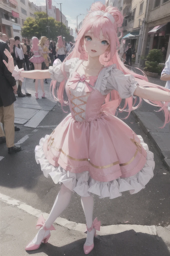 (highest resolution, distinct_image) Best quality, a female's masterpiece, highly detailed, semi realistic,(most of body), (best quality, masterpiece, ultra-realistic), portrait of 1 beautiful girl, a cartoon girl in a pink and yellow dress and a bow is dancing, magical girl anime mahou shojo, style of magical girl, portrait of magical girl, humanoid pink female squid girl, magical girl, my dress up darling anime, sparkling magical girl, official art, official character art, pink long frills, and cyan eyes, !!full body portrait!!,crystal blue eyes,running,on sidewalk,crowd,fighting