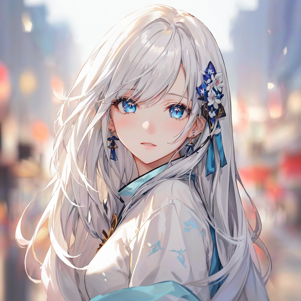 Anime girl with long white hair and blue eyes in the city, White-haired God, Beautiful anime portraits, Detailed portrait of an anime girl, Perfect white hair girl, Beautiful Anime Girls, Beautiful Anime Women, White Hair Girl, Cute Anime Girl Portrait, palace ， Girl in Hanfu, From Girls Frontline, guweiz on pixiv artstation, ”Beautiful Anime Women