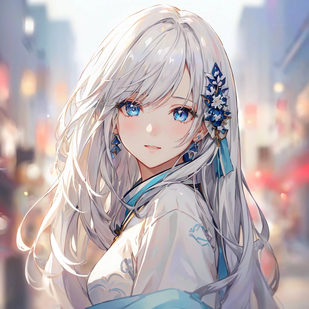 Anime girl with long white hair and blue eyes in the city, White-haired God, Beautiful anime portraits, Detailed portrait of an anime girl, Perfect white hair girl, Beautiful Anime Girls, Beautiful Anime Women, White Hair Girl, Cute Anime Girl Portrait, palace , Girl in Hanfu, From Girls Frontline, guweiz on pixiv artstation, ”Beautiful Anime Women